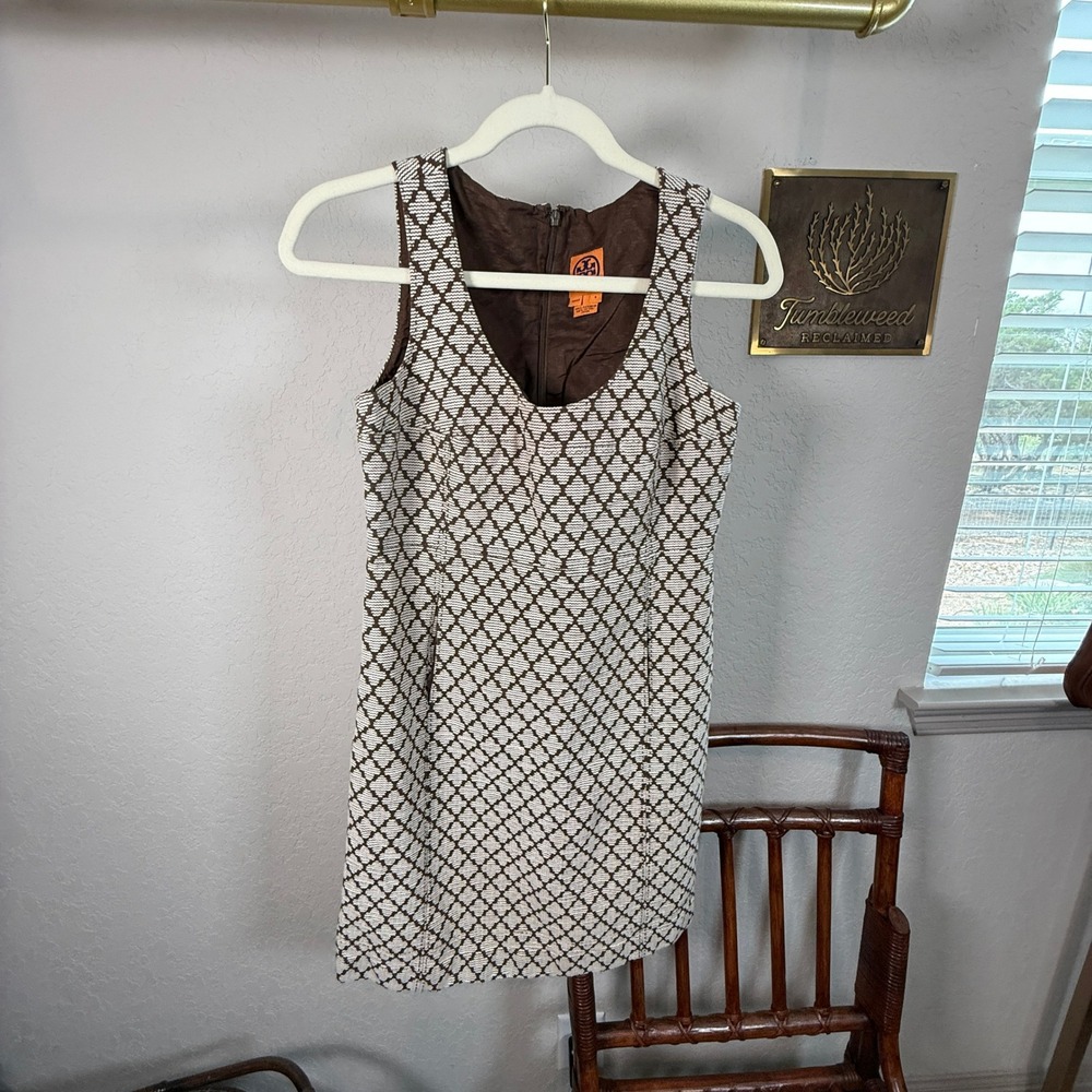 Tory Burch Brown Cream Geometric Diamond Cotton Sleeveless Shift Dress Size 4